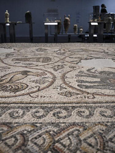 The mosaic floor of a Byzantine church in Gaza, on display at the Arab World Institute in Paris.