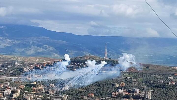 Explosion of four white phosphorus munitions over the village of Kfar Kela, in southern Lebanon, on January 14, 2024. Coordinates: 33.2775017898045, 35.5617281832726
