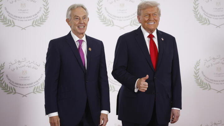 President Donald Trump and British former prime minister Tony Blair pose at the Gaza Peace Summit in Sharm el-Sheikh, Egypt.