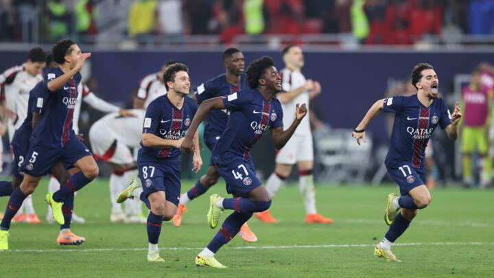 PSG players celebrate after winning the Intercontinental Cup final soccer match between Flamengo and Paris Saint-Germain in Doha, Qatar, Wednesday, Dec. 17, 2025.