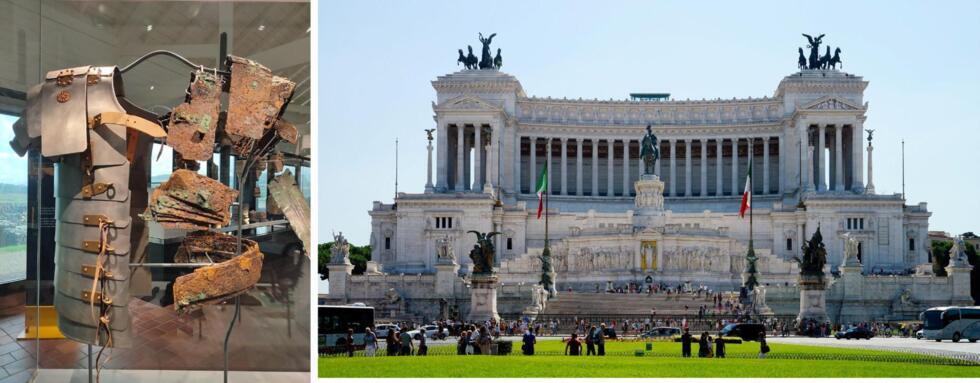 At left is a lorica segmentata, where you can see that the metal bands are horizontally placed. At right is the monument honouring Victor Emmanuel II, which was inaugurated in 1911.