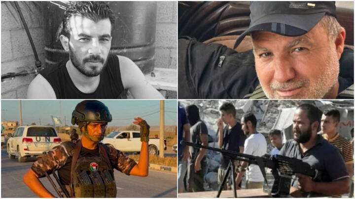 Some of the leaders of Gaza militias and clans following the ceasefire. Top left: Ashraf al-Mansi, leader of the People’s Army Northern Forces. Bottom left: Yasser Abu Shabab, leader of the Popular Forces. Top right: Hossam al-Astal, head of the Strike Force Against Terror. Bottom right: Yasser Khanidak, leader of the Khanidak clan.
