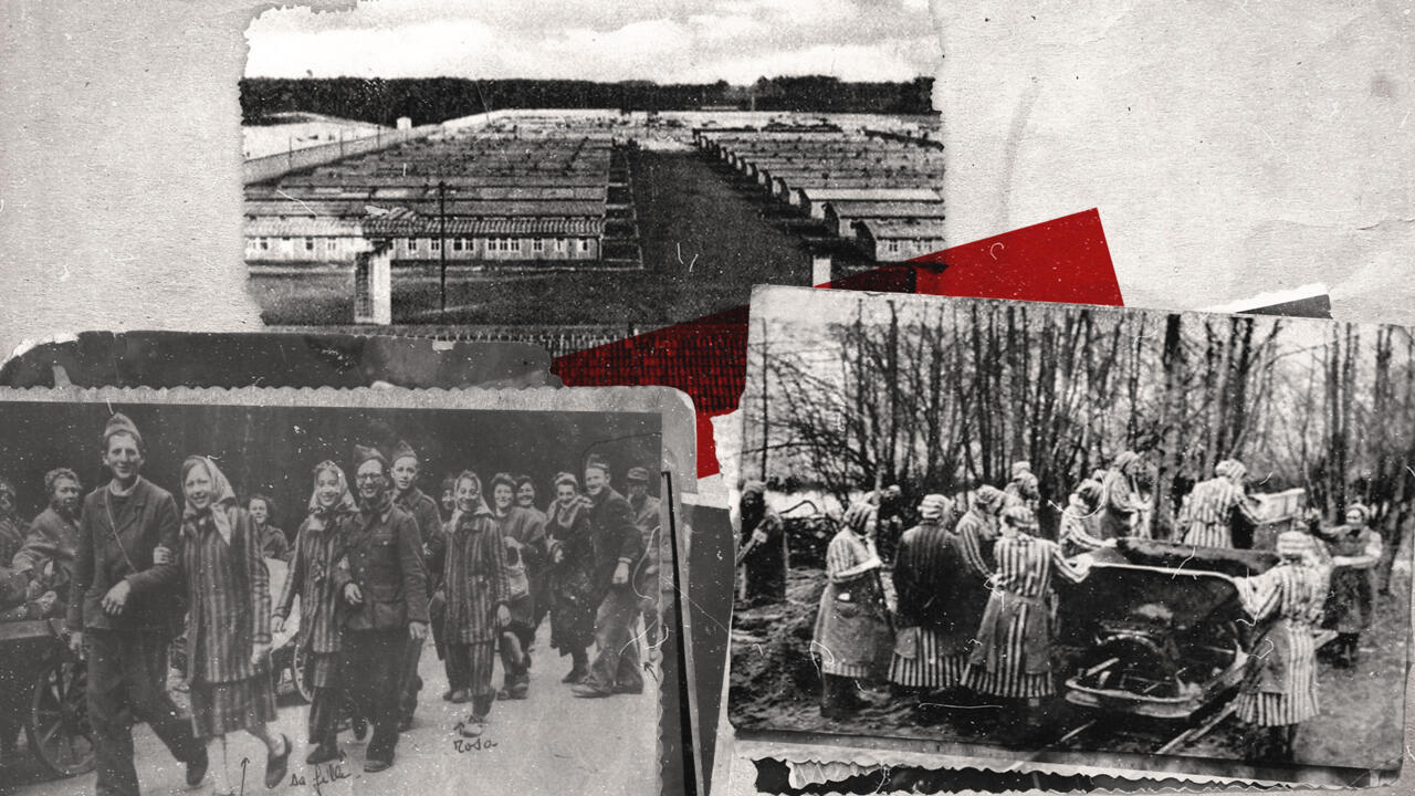 Left: French women who were part of the Resistance head home after their release from Ravensbrück. Right: Forced labour at the Nazi concentration camp for women.