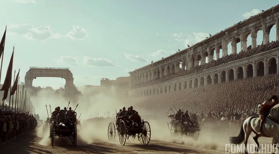 This pretend chariot race features in the AI-generated “Ancient Rome” video posted on YouTube. The video has a number of errors.
